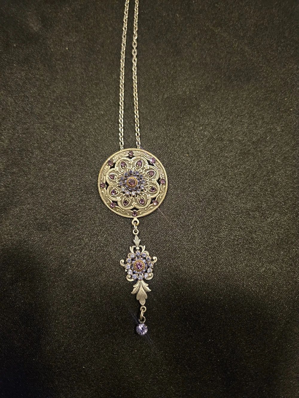 Vintage Purple Crystal Pendant/Brooch Necklace - Women Jewelry